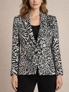 St John evening knit jacket black white rhinestones embellished blazer size 16